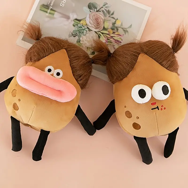 1pc Creative Fluffy Potato Doll/ Ugly Cute Potatoes Plush Toy With Braids/  Funny Throw Pillow Stuffed Animal/ Big-eyed Potato/ Chocolate Brown