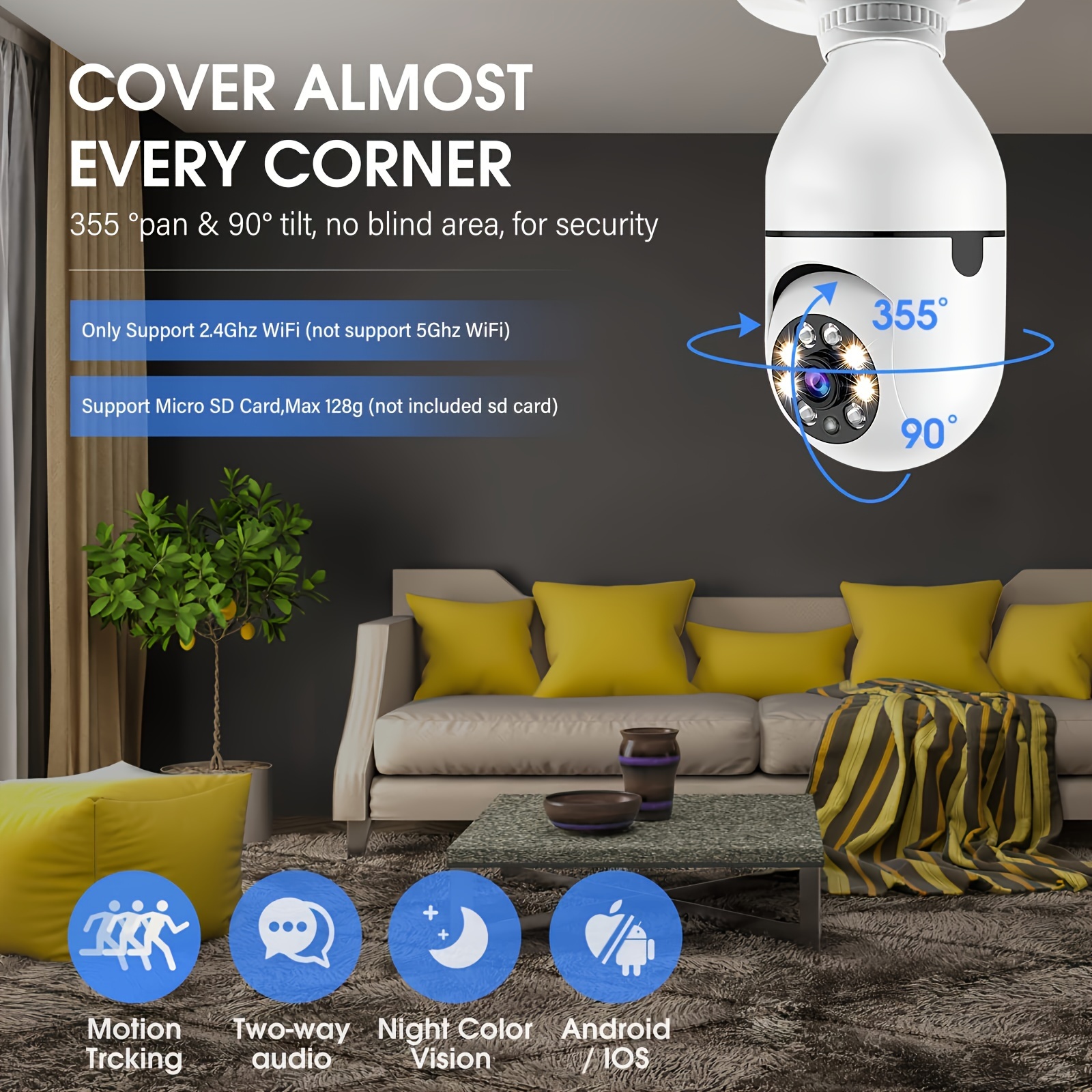 Wifi Light Bulb Camera Afgvk 1080p Pan Tilt Wireless 2.4ghz - Temu