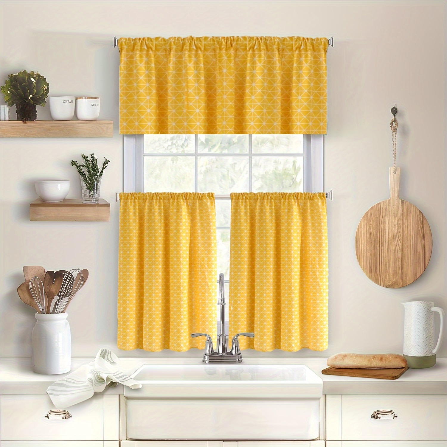  V3VOGUE Cenefas de cortinas para ventanas de cocina, 1 cortina  corta de media ventana, cortinas con estampado amarillo crema, cortinas  semiopacas para comedor, baño, dormitorio, sala de estar : Hogar y