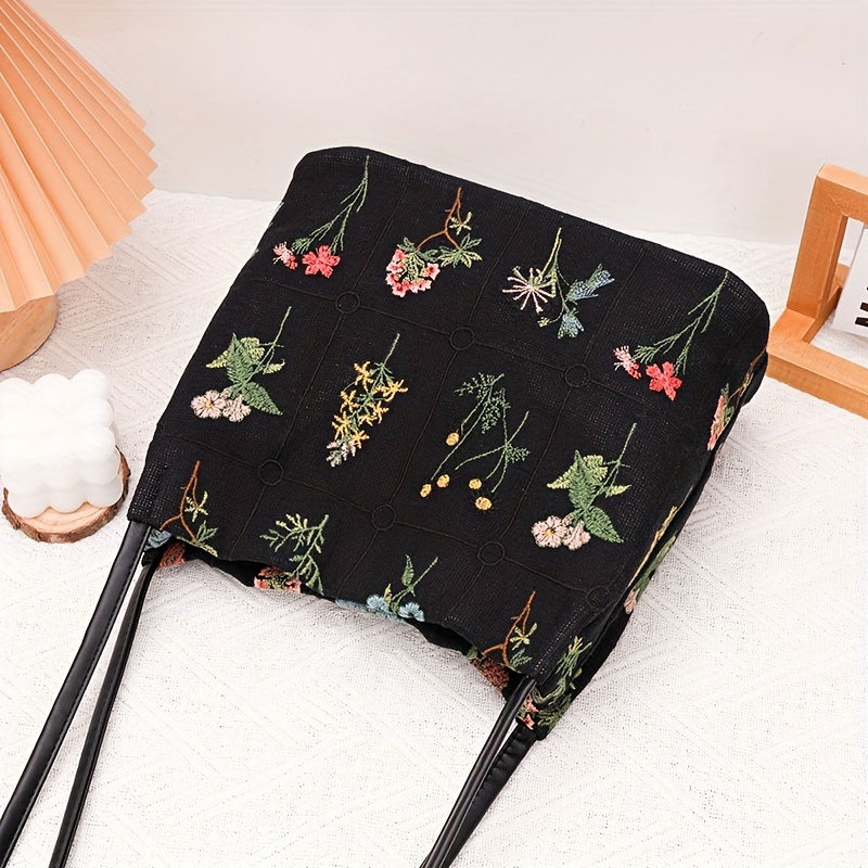 Floral Embroidery Shoulder Bag, Vintage Daily Bucket Bag, Fashion Handbags  For Women