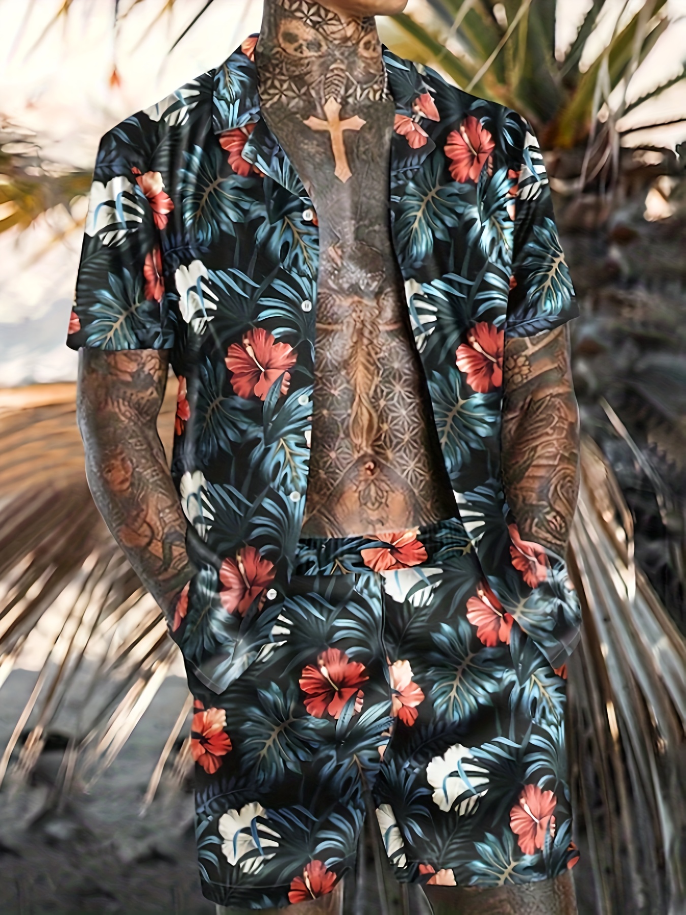 Temu Hawaiian Style Men's Personalized Tropical Plants 3D Digital Print Shirt Shorts Set, Oversized Loose Graphic 2pcs Beach Outfits for Summer, Plus