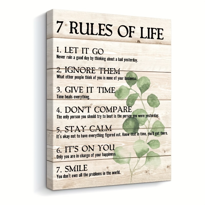 Motivational Quotes Wall Decor 7 Rules of Life Inspirational Great Motto  Canvas Print Canvas Wall Art Framed 12x16 inch Framed Ready to Hang White 