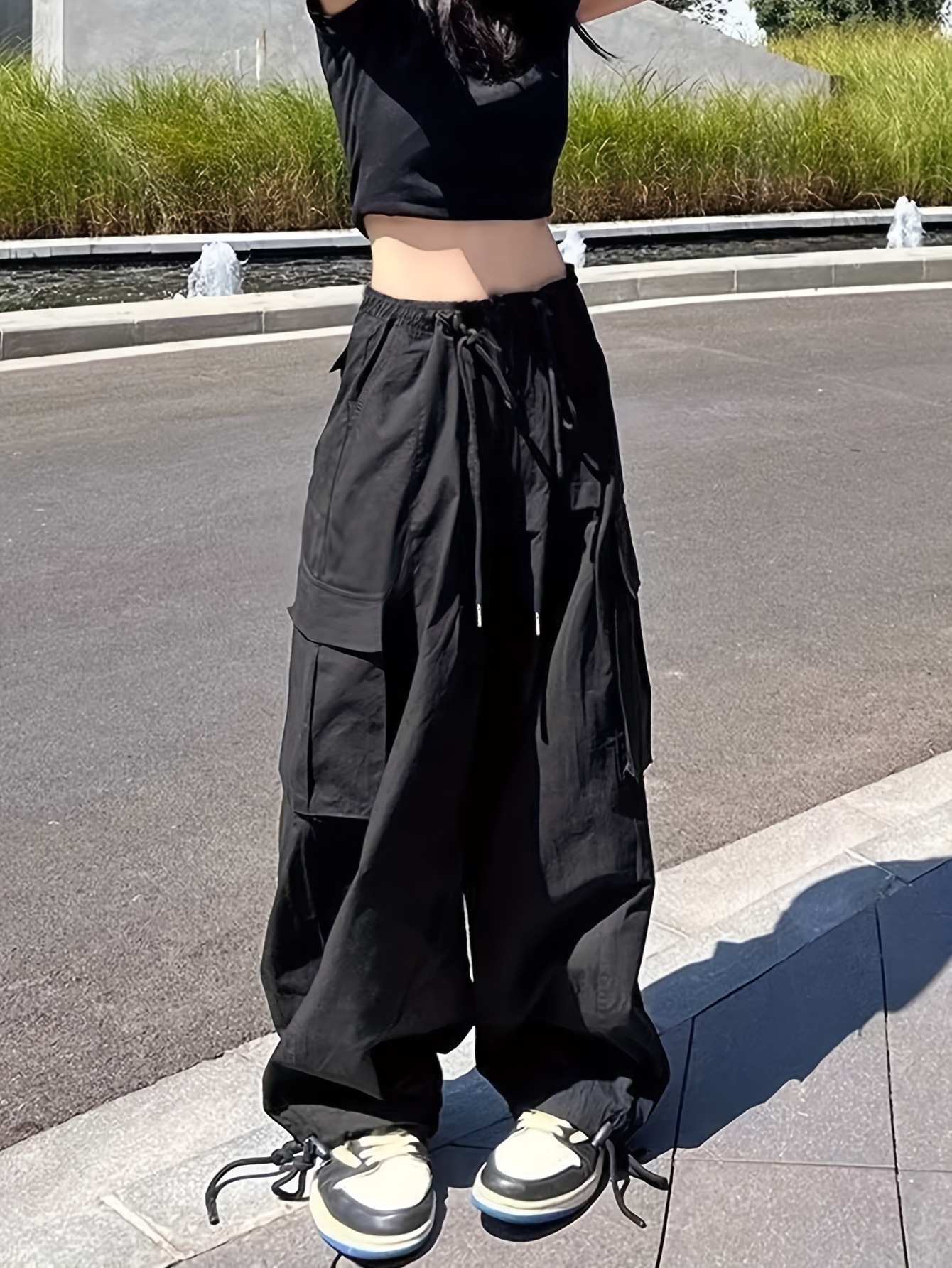 Solid Drawstring Baggy Cargo Pants, Casual Long Length Streetwear Pants  With Pocket, Women's Clothing