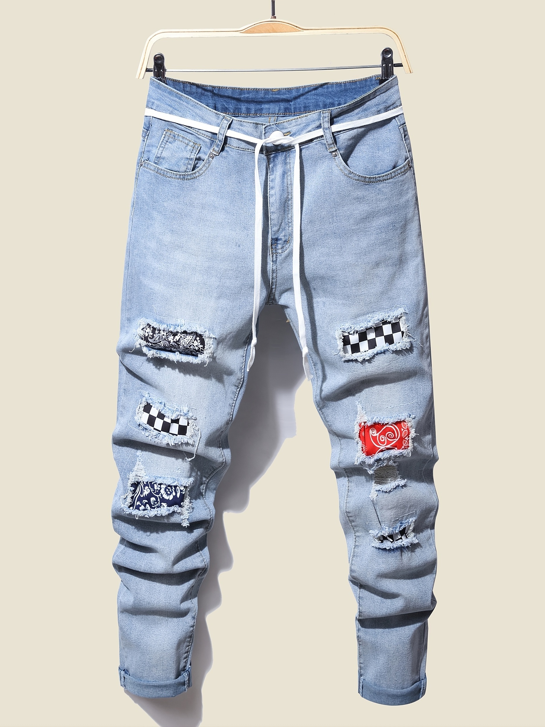 Creative Straight Leg Ripped Jeans, Men's Casual Street Style Distressed  Denim Pants For Spring Summer