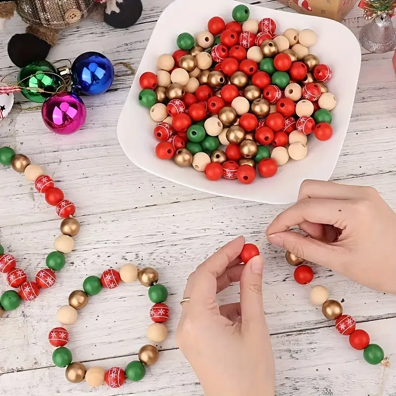 60pcs Christmas Wooden Beads For DIY Crafts, 16mm Colorful Round Beads With Hemp Rope Christmas Beads For DIY Ornaments Christmas Garland Ho