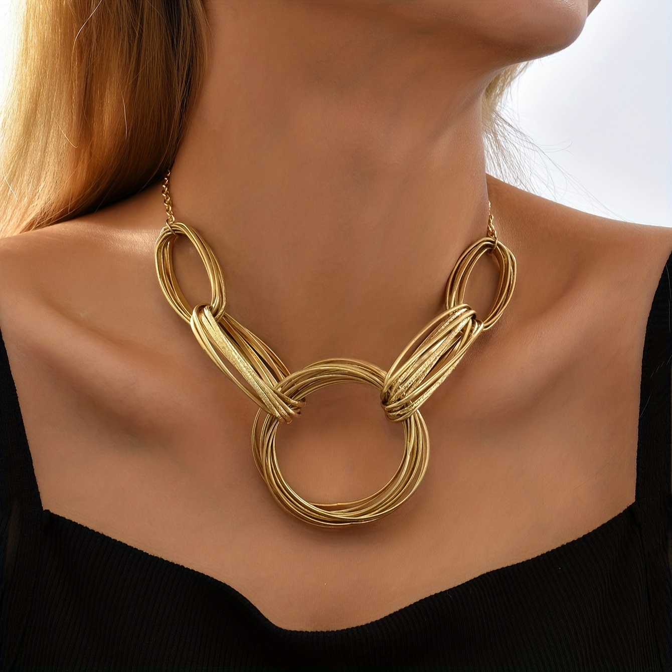 TEMU Collier à chaîne épaisse géométrique exagérée en métal facile à boucler, anneau rond punk européen et américain