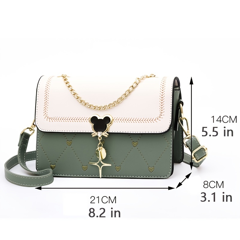 Embroidery Detail Flap Square Bag, Stylish Chain Decor Crossbody Purse With  Bag Charm - Temu