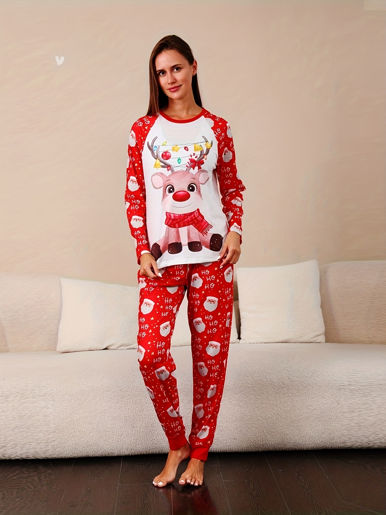 Christmas Print Pajama Set Long Sleeve Crew Neck Top Elastic - Temu Canada