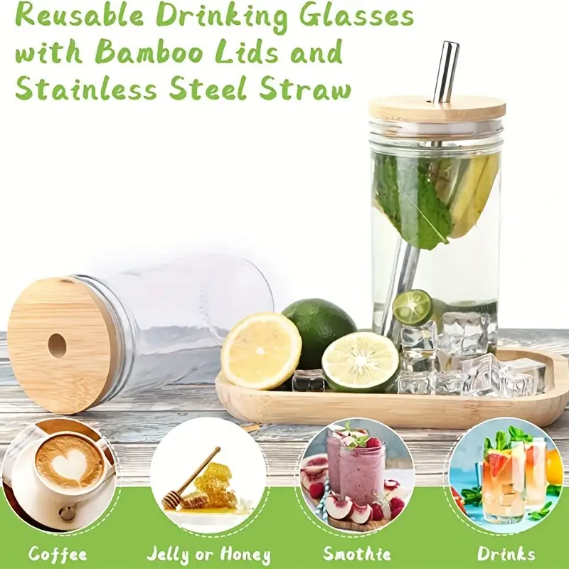 Drinking Glasses with Bamboo Lids and Glass Straw - 6 Pc