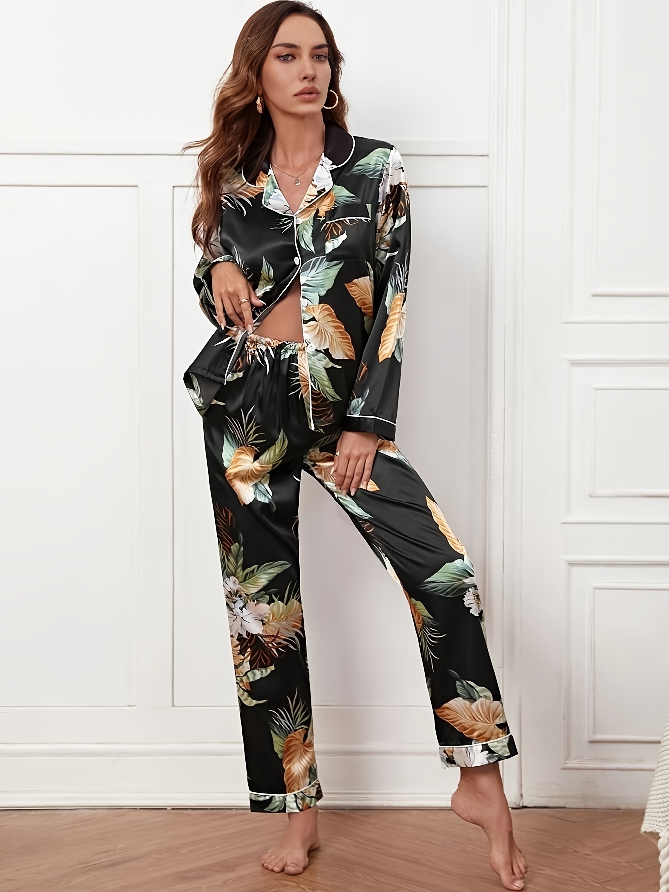 Elegant Floral Print Pajama, Long Sleeve Button Up Lapel Top And Pants Pj  Set, Women's Sleepwear & Loungewear - Temu