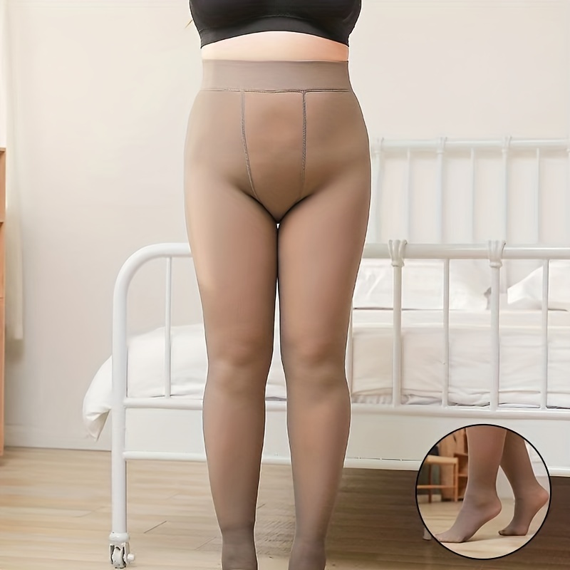 Fake Translucent Warm Plush Lined Elastic Tights BROWN-Plus Size