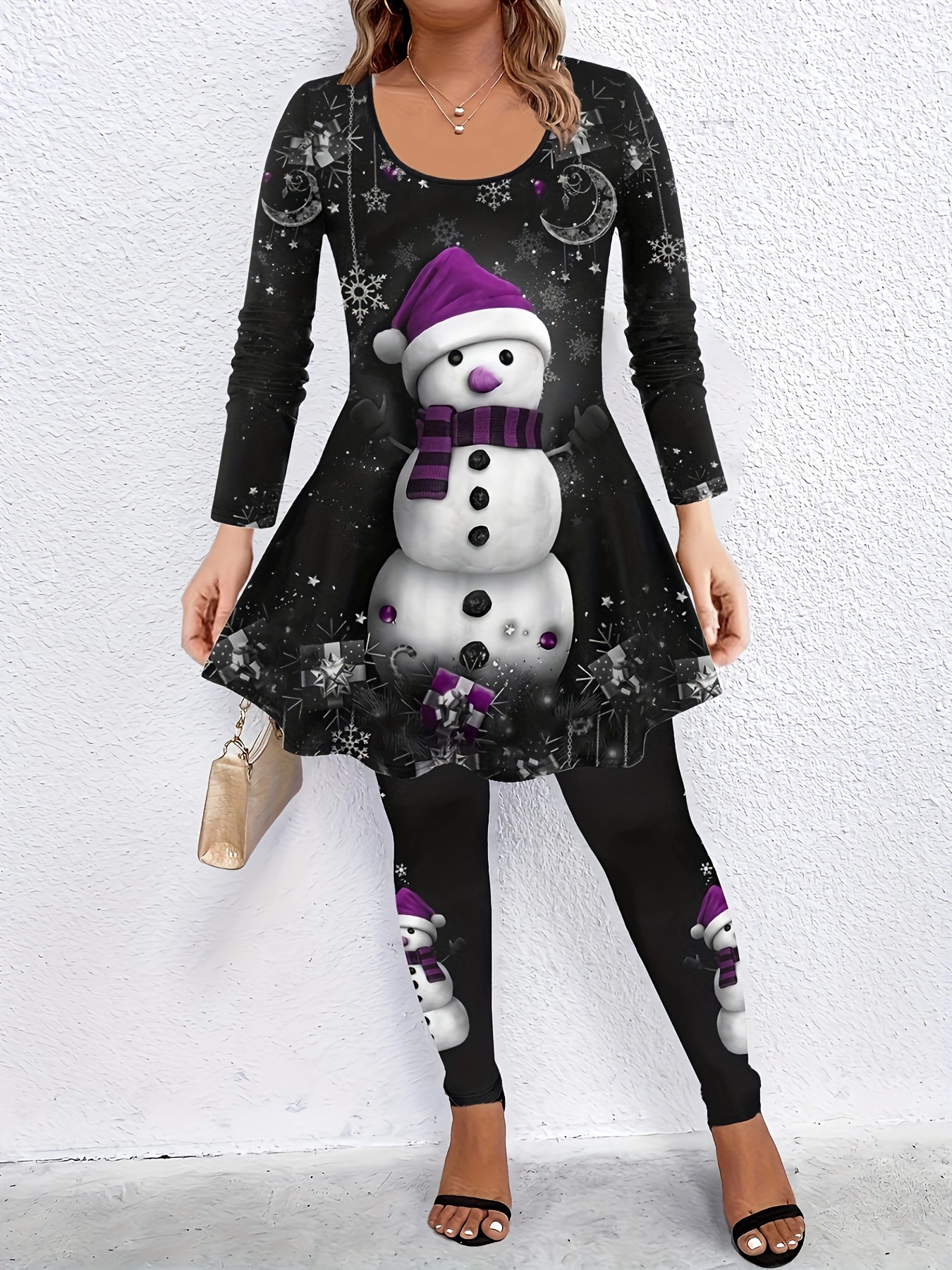 Plus Size Casual Outfits Set Women's Plus Snowman Print Long - Temu