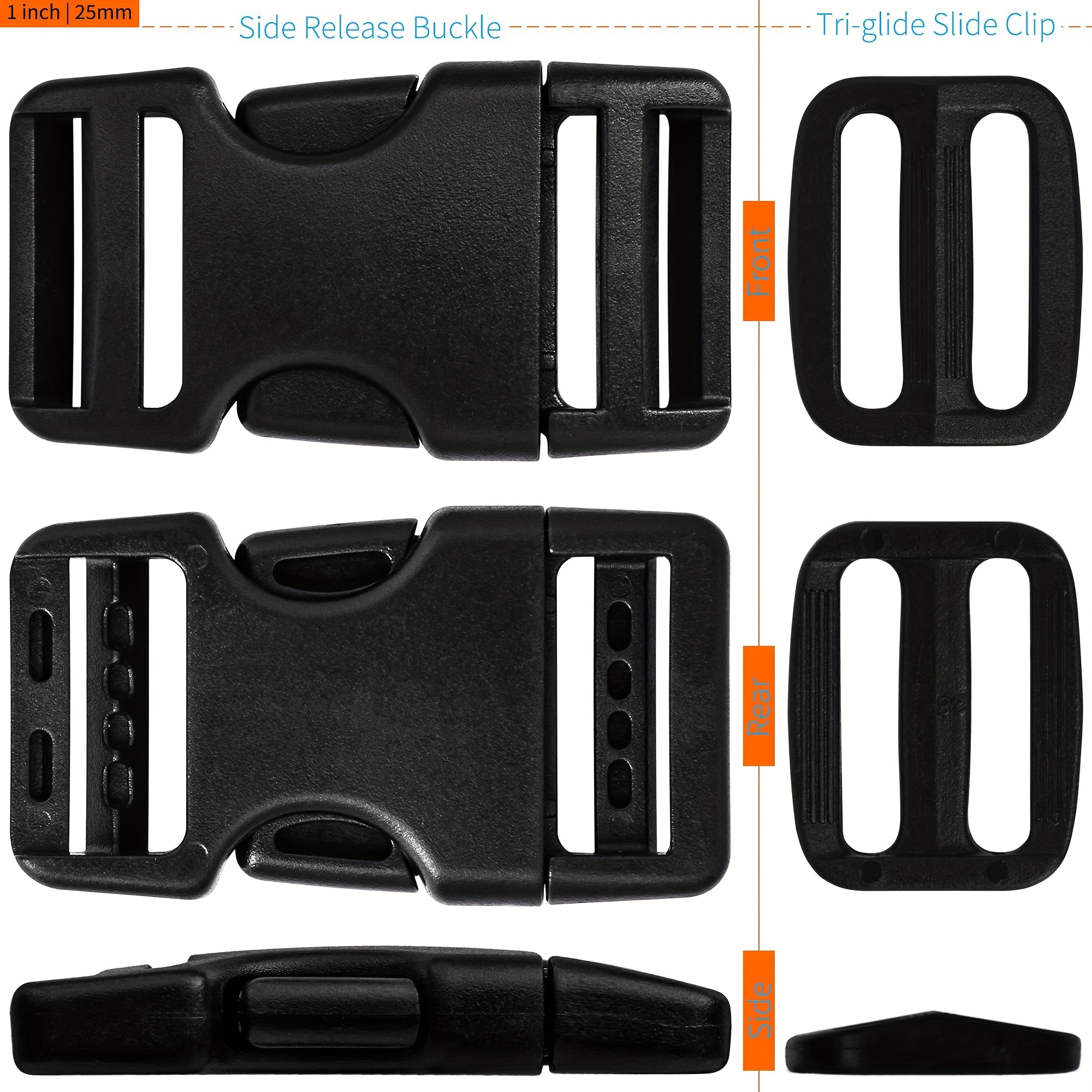 Buckles for 2 inch Straps: Side Release Buckle Plastic Clip 2 set +  Tri-Glide Slide 4 pcs Fit 2'' Wide Nylon Strap Webbing Belt Backpack  Replacement 