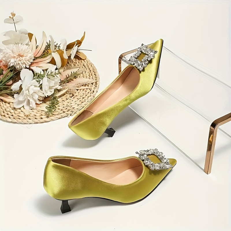 Womens Satin Kitten Heels Rhinestone Buckle Decor Pointed - Temu United