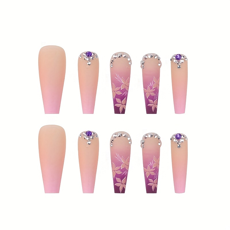 24pcs Pink Flower Gradient Coffin Press On Nails Long Ballerina False Nails