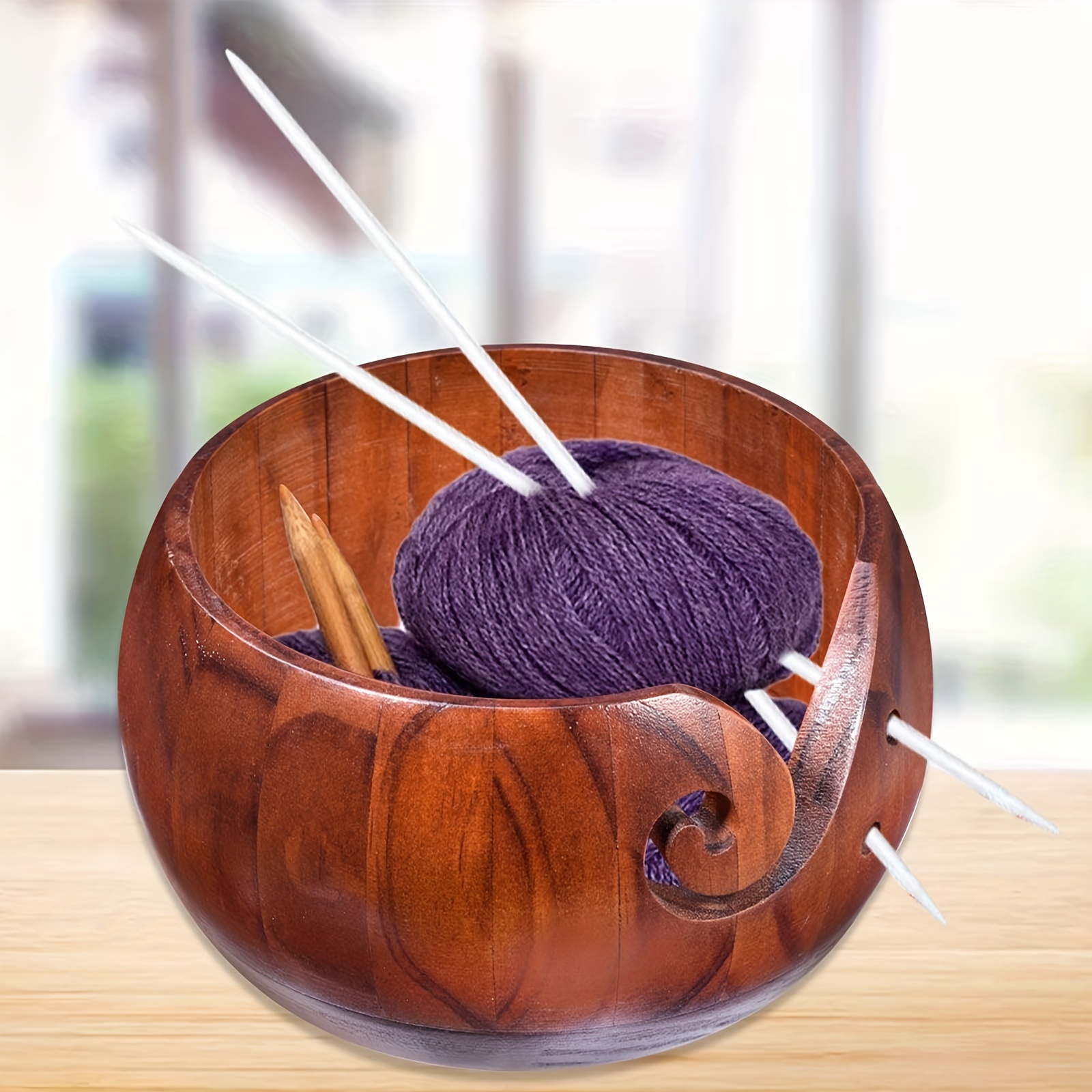 Frcolor Wooden Yarn Bowl Crochet Knitting Yarn Storage Holder Decorative Container, Size: 16x15cm