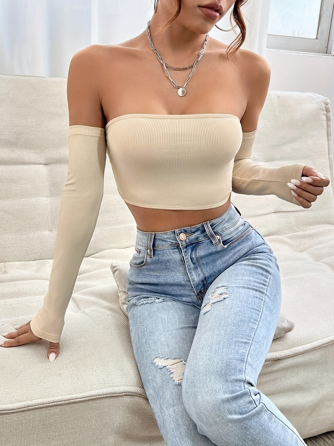 Y2k Shoulder Solid Crop Top Sexy Long Sleeve Bodycon Fit T - Temu