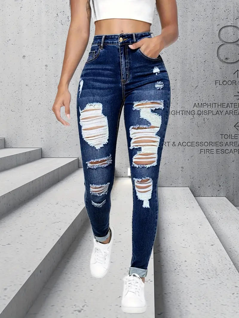 Ripped Holes Casual Skinny Jeans High Waist Slim Fit Chic - Temu