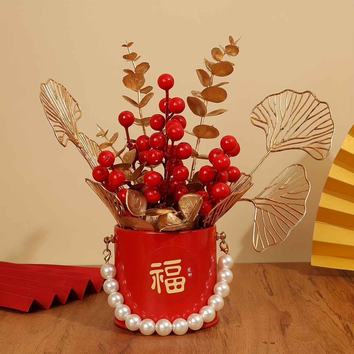 2024 Chinese New Year CNY Artificial Flowers Vase Lucky Fruit Fortune Red  Gold Tree Ornament Home Decoration Creative Gift Room Decor新年发财發財果客厅招财布置摆件