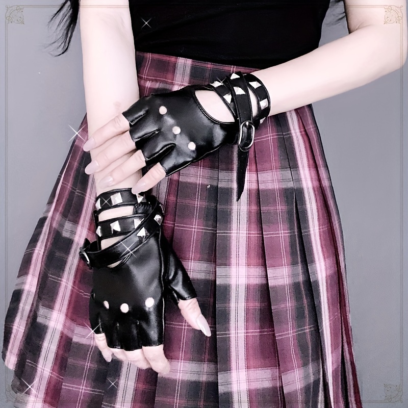 Women Punk Leather Fingerless Gloves Night Club 3 Metal Chains Buckle Dance  Gloves