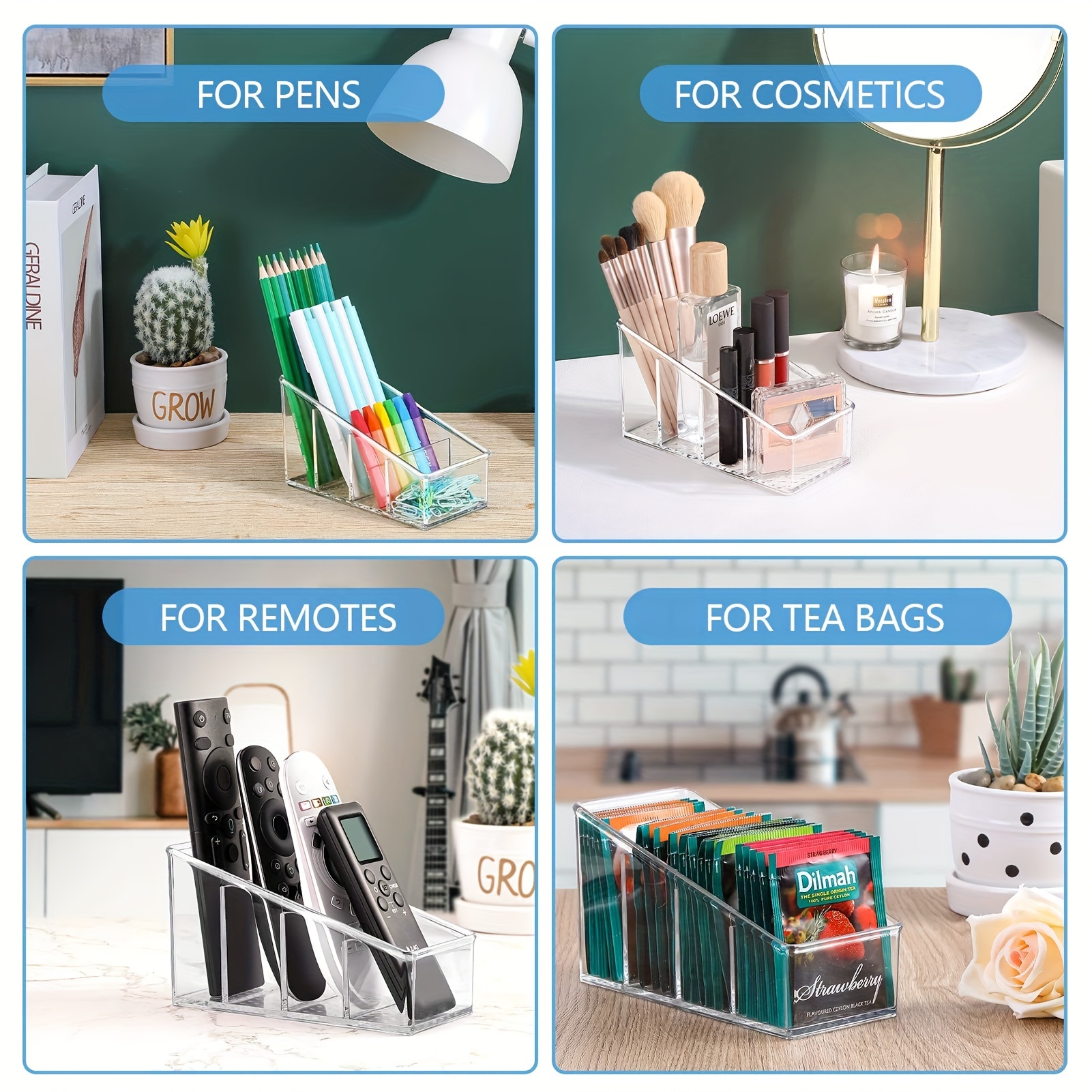 Clear Plastic Remote Control Holder with 4 Compartments for Organization