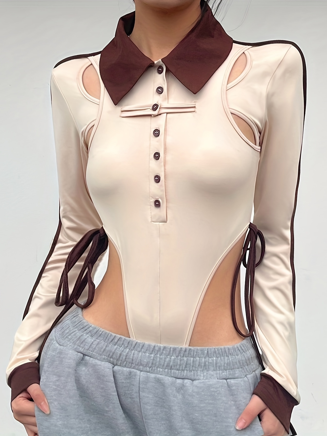 In The Style Plus x Perrie Sian collar detail long sleeve bodysuit with  cowl front in multi - ShopStyle Tops