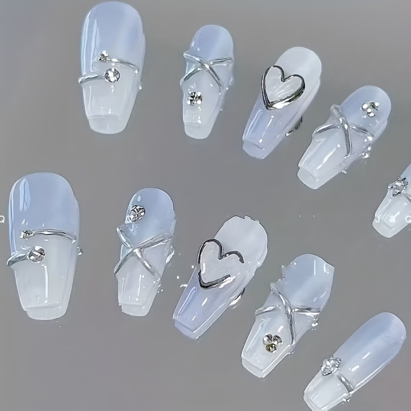 

10pcs Luxury Handmade Long Coffin Press On Nails, Ice Transparent Blue Fake Nails With Metal Silver Heart And Cross Design, Gloss Ful Cover Bling Rhinestone False Nails For Women And Girls