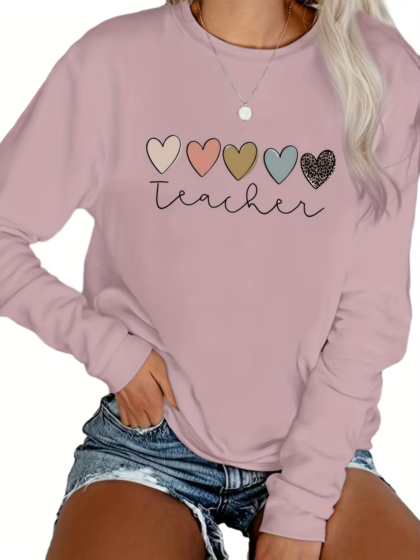 Double Hearts Print Sweatshirt Cute Long Sleeve Crew Neck - Temu