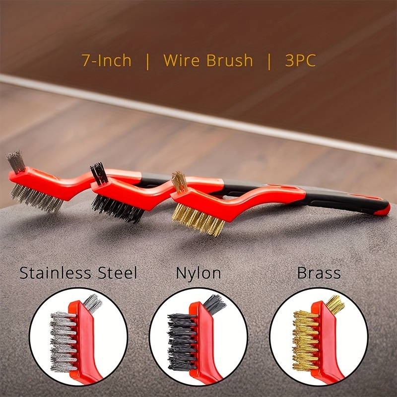 Wire Brush Set- 3 Pieces Brass/Stainless Steel/Nylon Brushes for Cleaning  Rust Removal, Dirt, Paint Scrubbing 