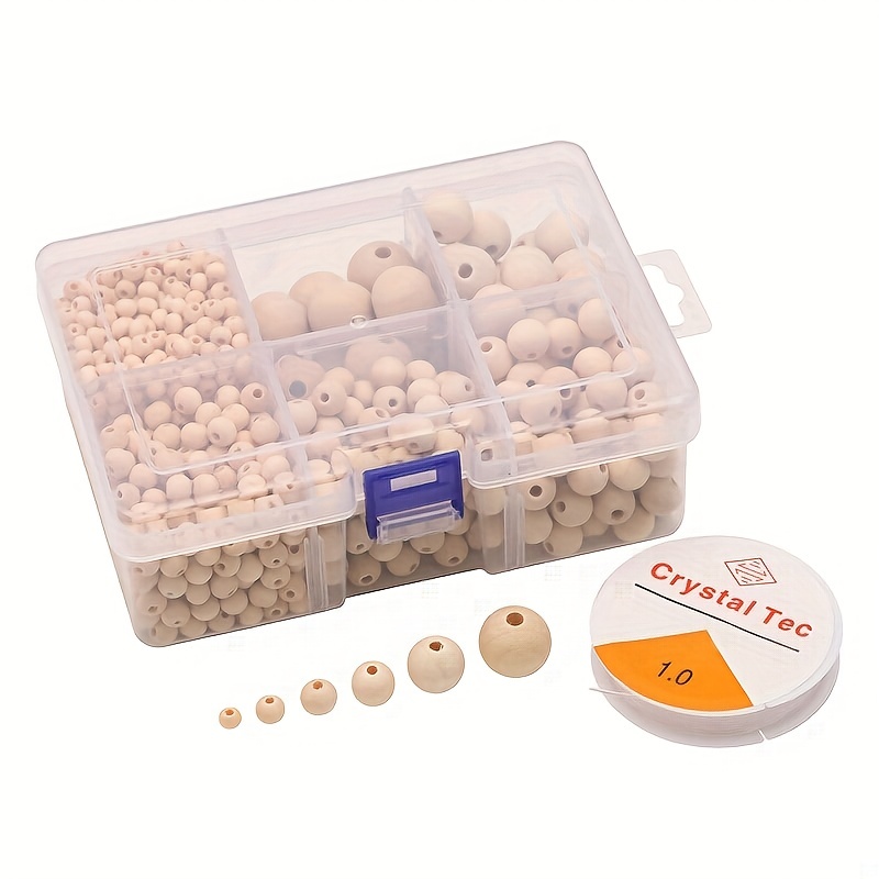 Image of 1105pcs Wooden Beads, Unfinished Wood Beads, Natural Round Beads With Elastic String, 6 Sizes: 6mm/8mm/10mm/12mm/16mm/20mm For Making