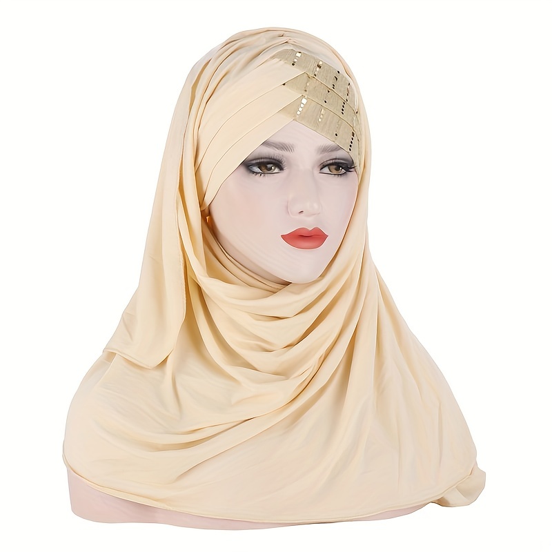 

Forehead Sequins Instant Hijab Solid Smooth Stretchy Pullover Head Wrap Casual Sunscreen Turban