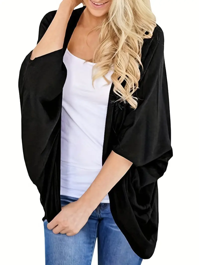 Solid Open Front Cardigan Casual Half Batwing Sleeve Sweater - Temu