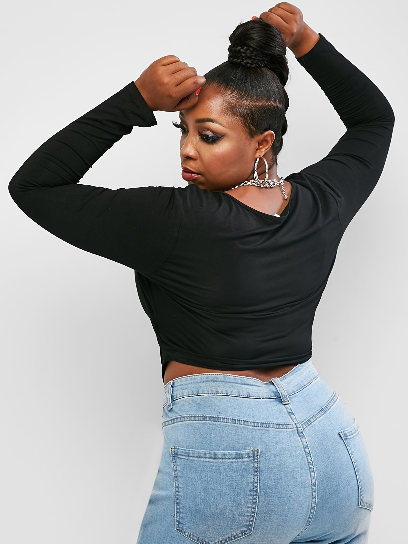 Solid Crew Neck Long Sleeve Crop Top Stretchy High Stretch - Temu