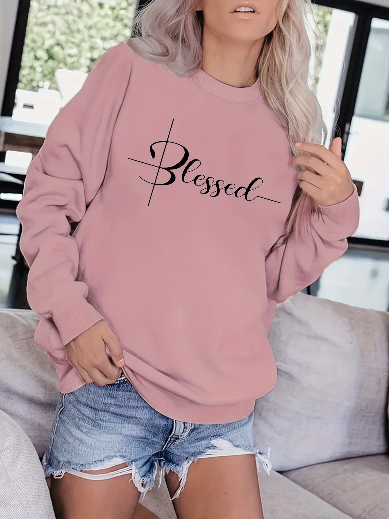 Blessed Letter Print Casual Two piece Set Crew Neck Long - Temu
