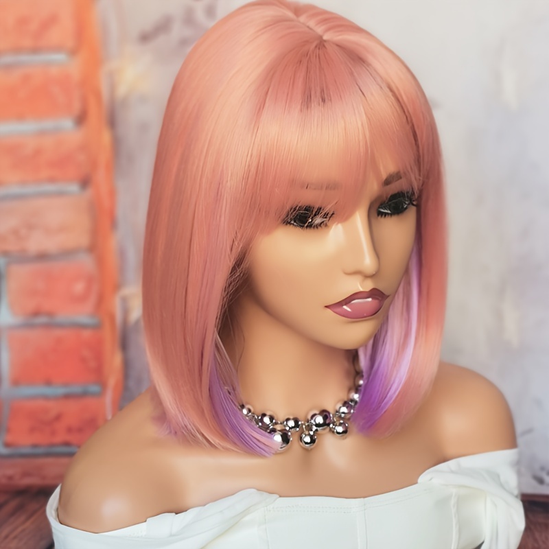 Short Straight Bob Wig With Flat Bangs Silky Synthetic Fiber Wigs For Women Cute Blunt Cut Bob Wig With Realistic Scalp Natural Looking 12 Inch Shoulder Length Pastel Wig For Cosplay Daily Party Wigs