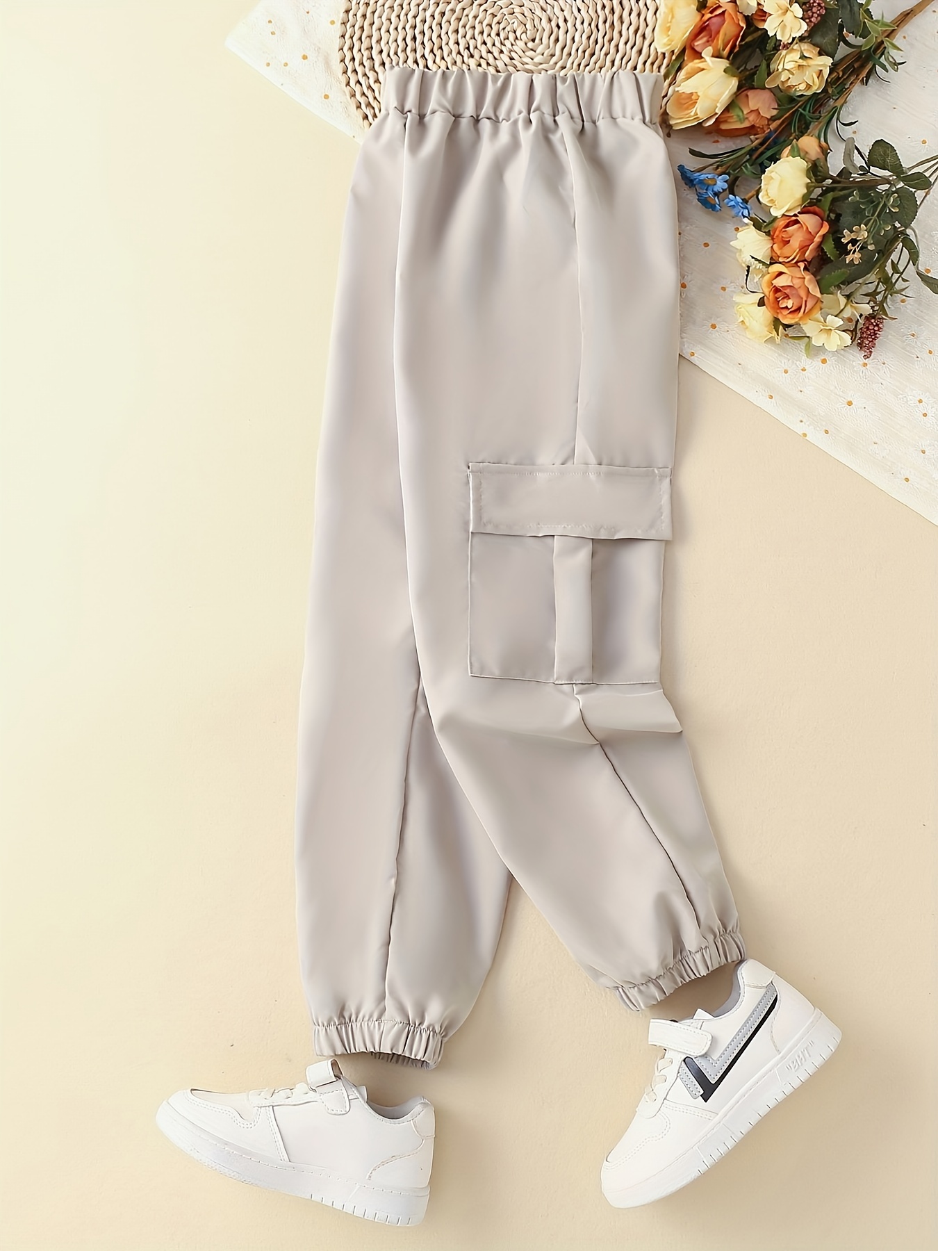 Girls Cargo Pants With Flap Pockets Elastic Waist Casual Joggers Loose Fit  Trousers