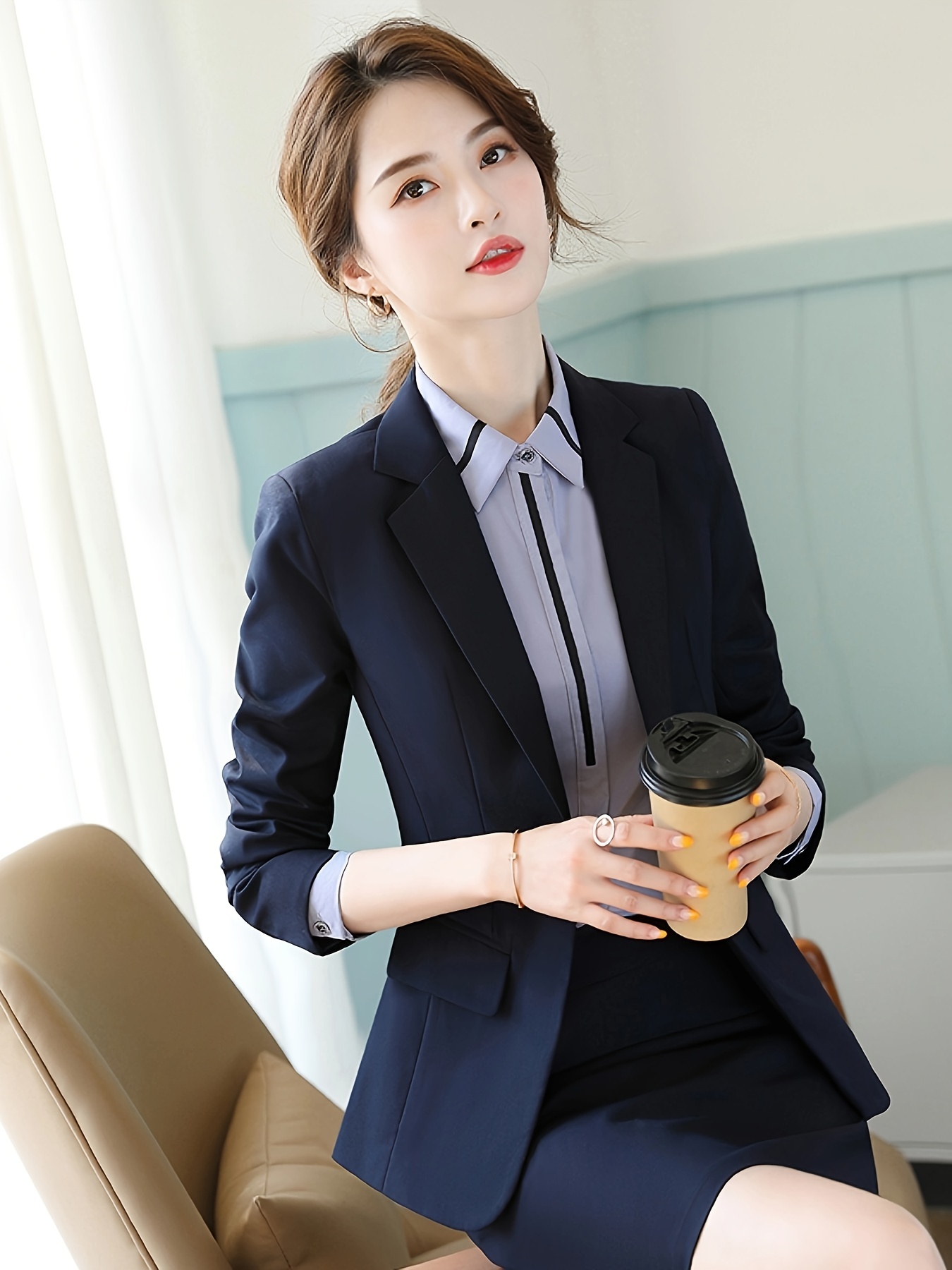 Solid Color Open Front Elegant Lapel Neck Single - Temu