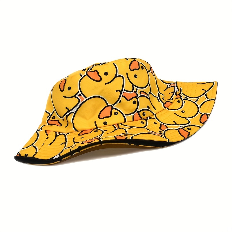 Reversible Cute Cartoon Bucket Hat Yellow Duck Full Print Travel Beach Hats Unisex Lightweight Fisherman For Outdoor