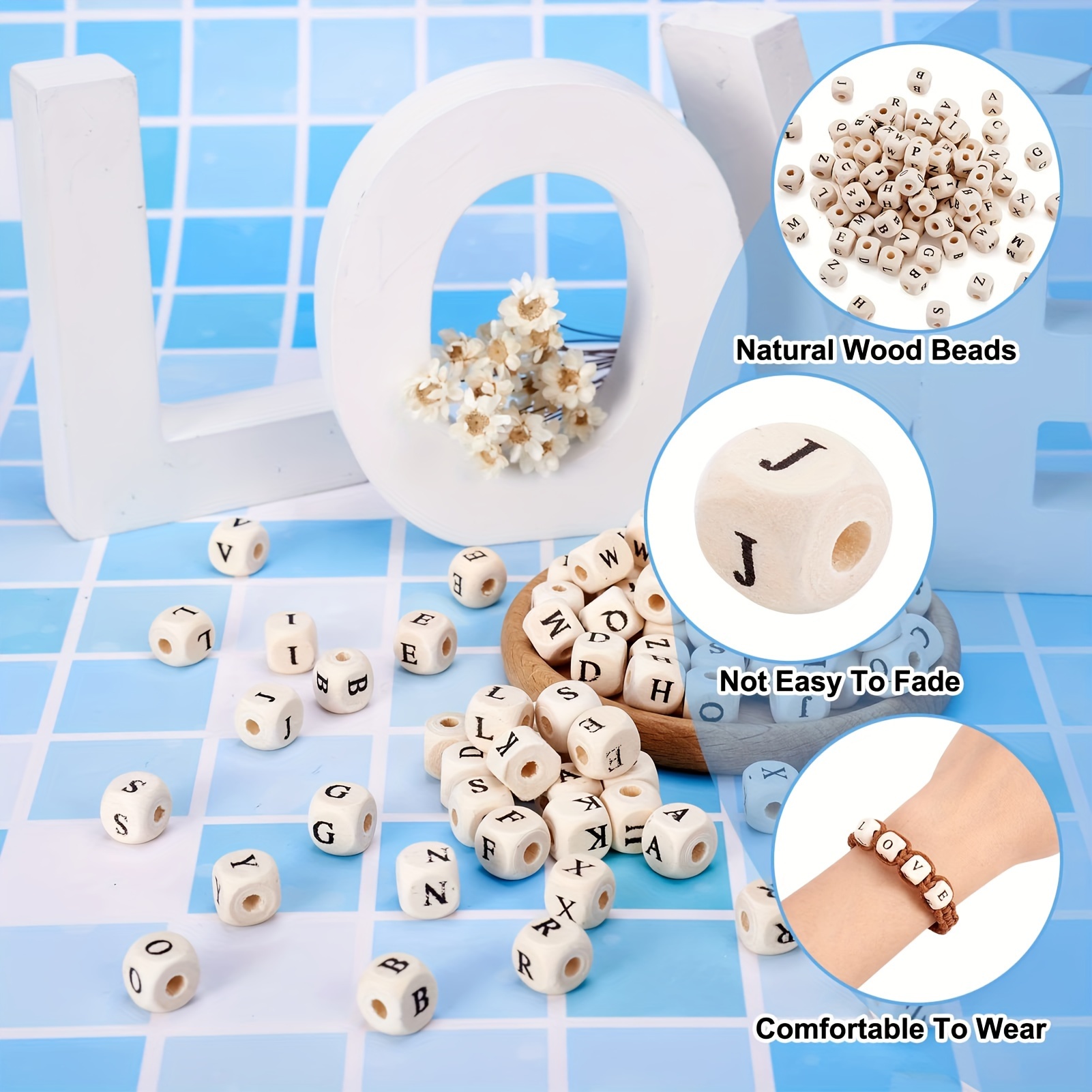 130pcs Complete 5 Sets 26pcs 10X10mm Wooden Letter Beads For Jewelry Making  Diy Friendship Bracelets Craft Supplies Decorative Beads (Not Random)