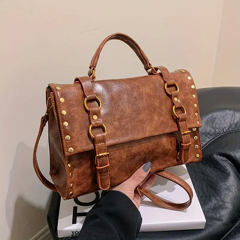 retro rivet decor handbag literary pu leather crossbody bag simple large capacity briefcase bag details 1
