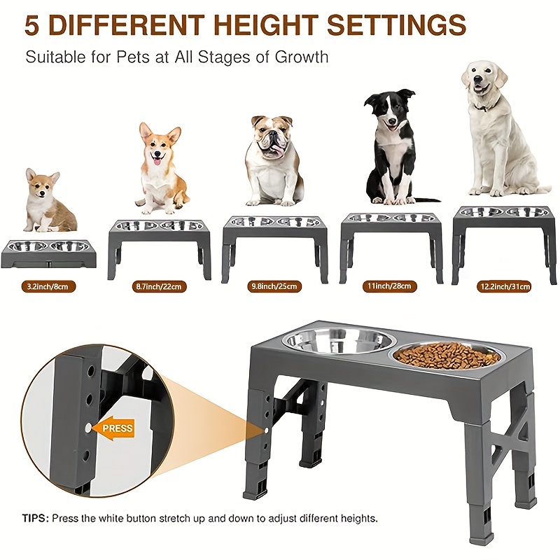 Elevated Dog Double Bowls, 4 Heights Adjustable Raised Dog Bowl