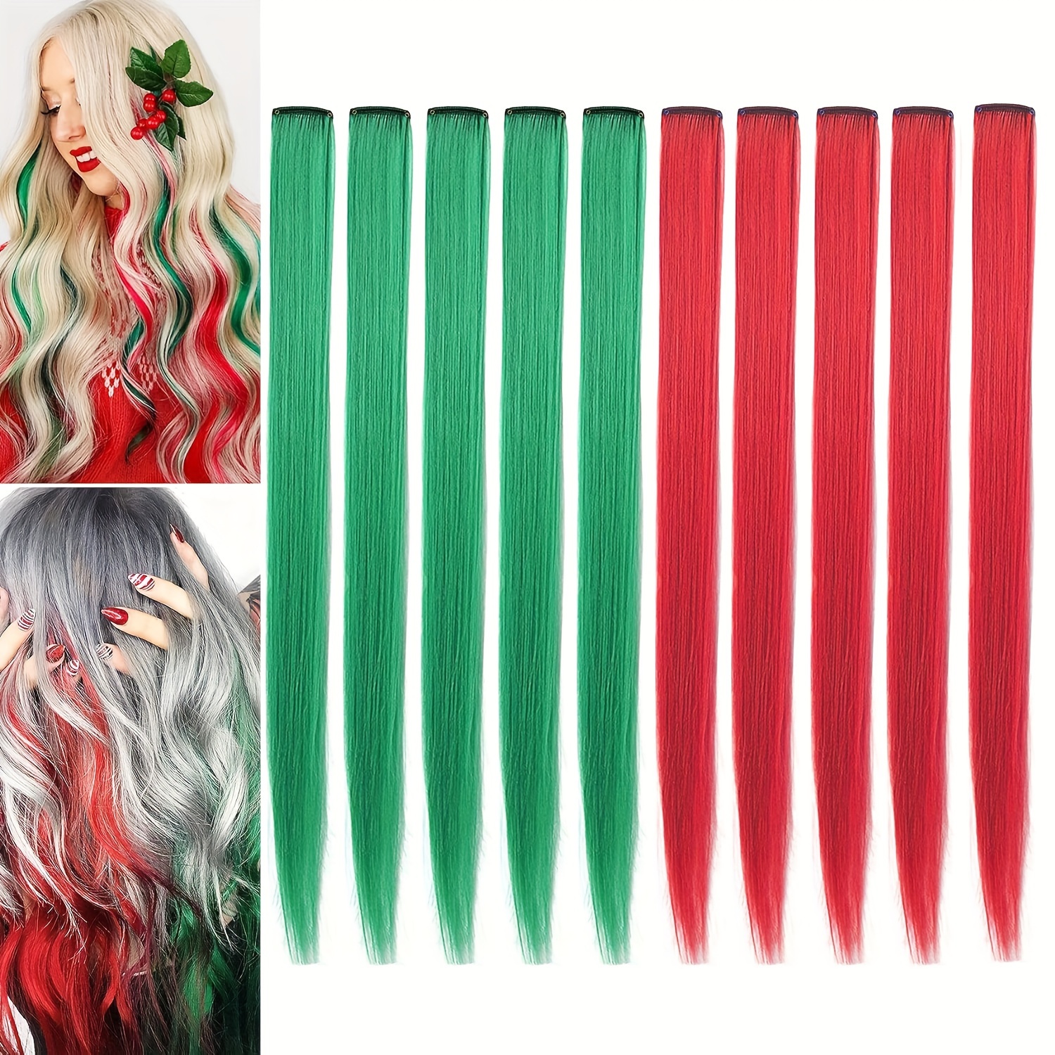Colorful Red And Green Hair Extension Clips Party Highlights - Temu