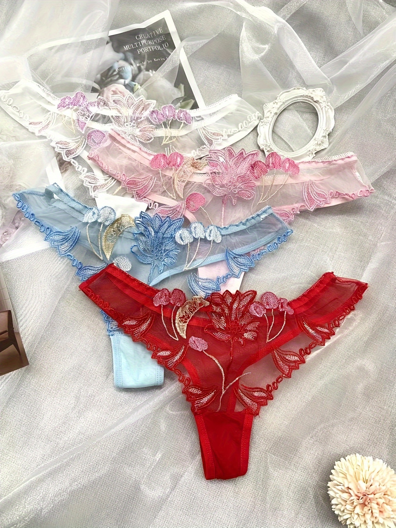 Floral Embroidery Panties See Mesh Intimates Panties Women's - Temu Canada
