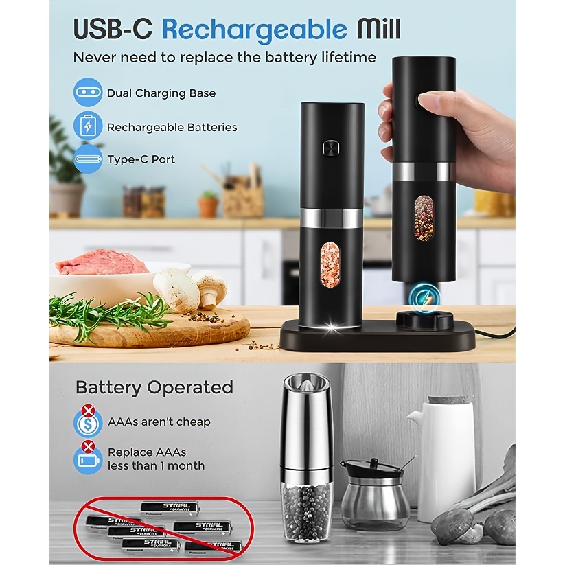 2Pcs Electric Salt And Pepper Grinder Set, Rechargeable Salt And Pepper Mill  New
