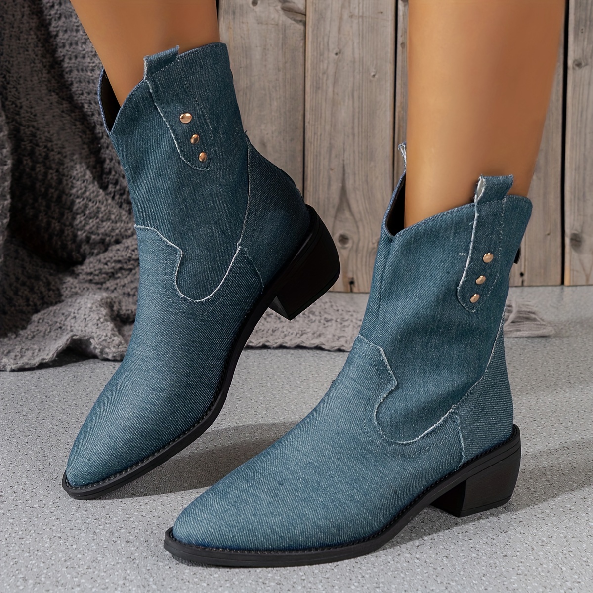Women's Plaid Pattern Denim Boots, Fashion Point Toe Tassel Detailed Boots,  Comfortable Dress Boots - Temu