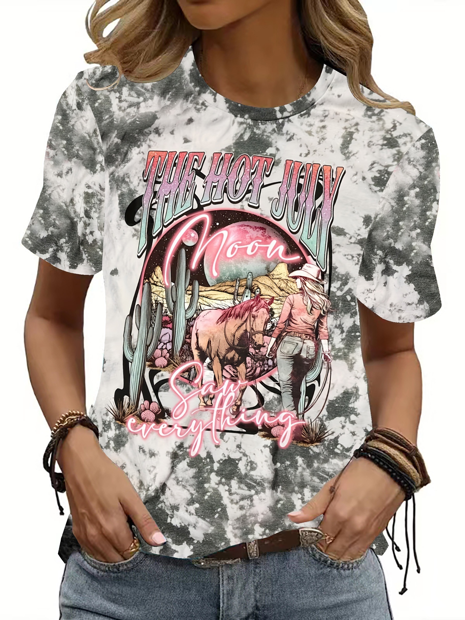 Camiseta Cuello Redondo Estampado Caballo Top Casual Manga - Temu