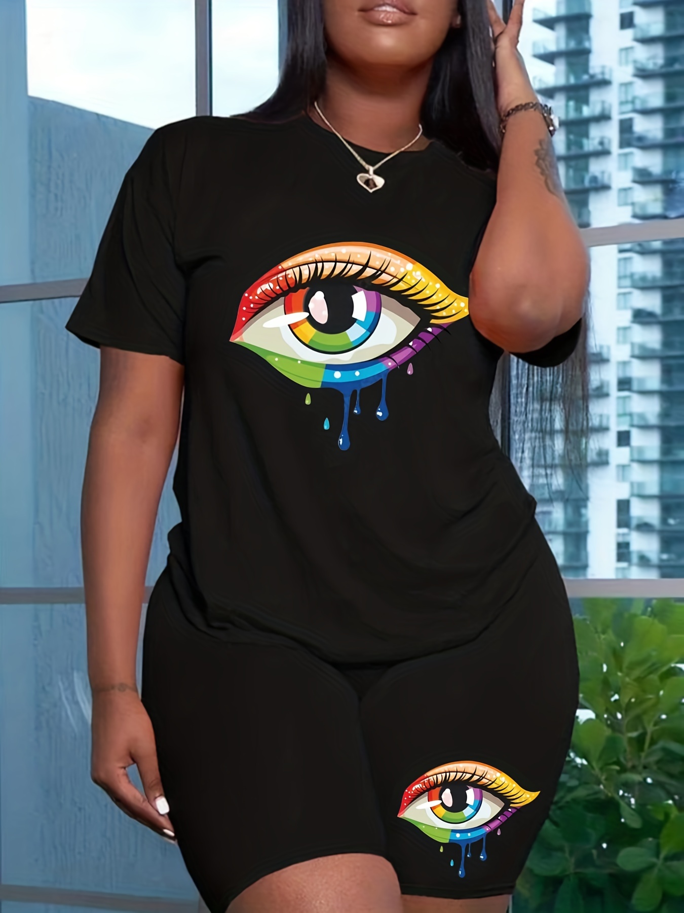 Colorful Eye Print Two piece Set Short Sleeve Crew Neck T - Temu Canada