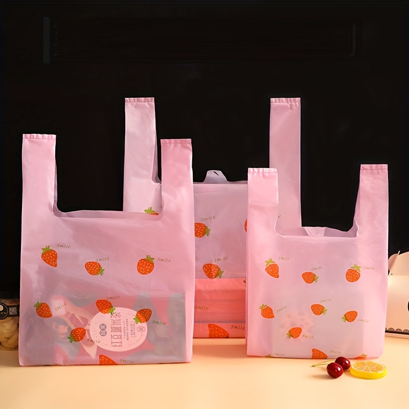 100 Pcs Pink Strawberry Plastic Bags for Shopping and Packaging