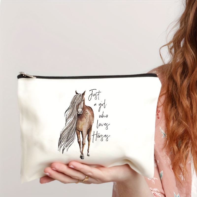 

1pc Just A Girl Who Loves Horses Makeup Bag, Travel Cosmetic Bags For Women Girls, Farmhouse Horse Cosmetic Bags With Zipper, Travel Toiletry Case, Gift For Horse Lovers, Horse Rider Gifts