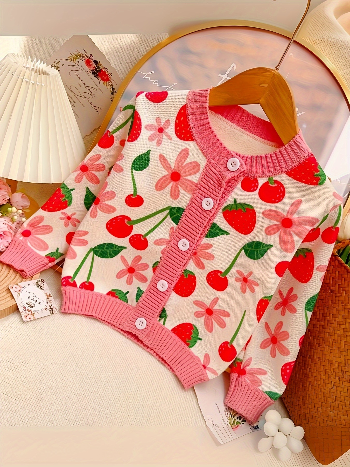 Girls Warm Knitted Flowers Strawberry Jacquard Button Down Sweater Coat,  Fall/ Winter Clothing For Teens Kids